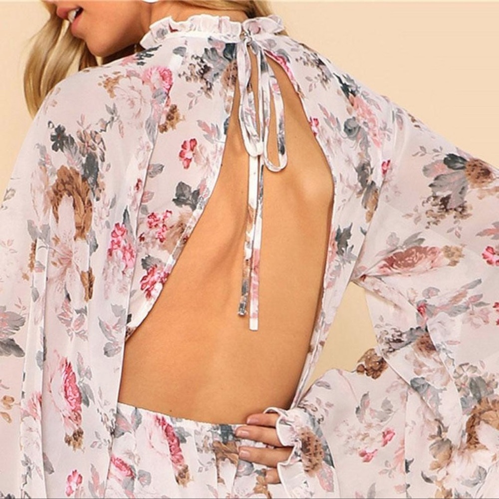 White Pink Floral Bell Sleeve Romper